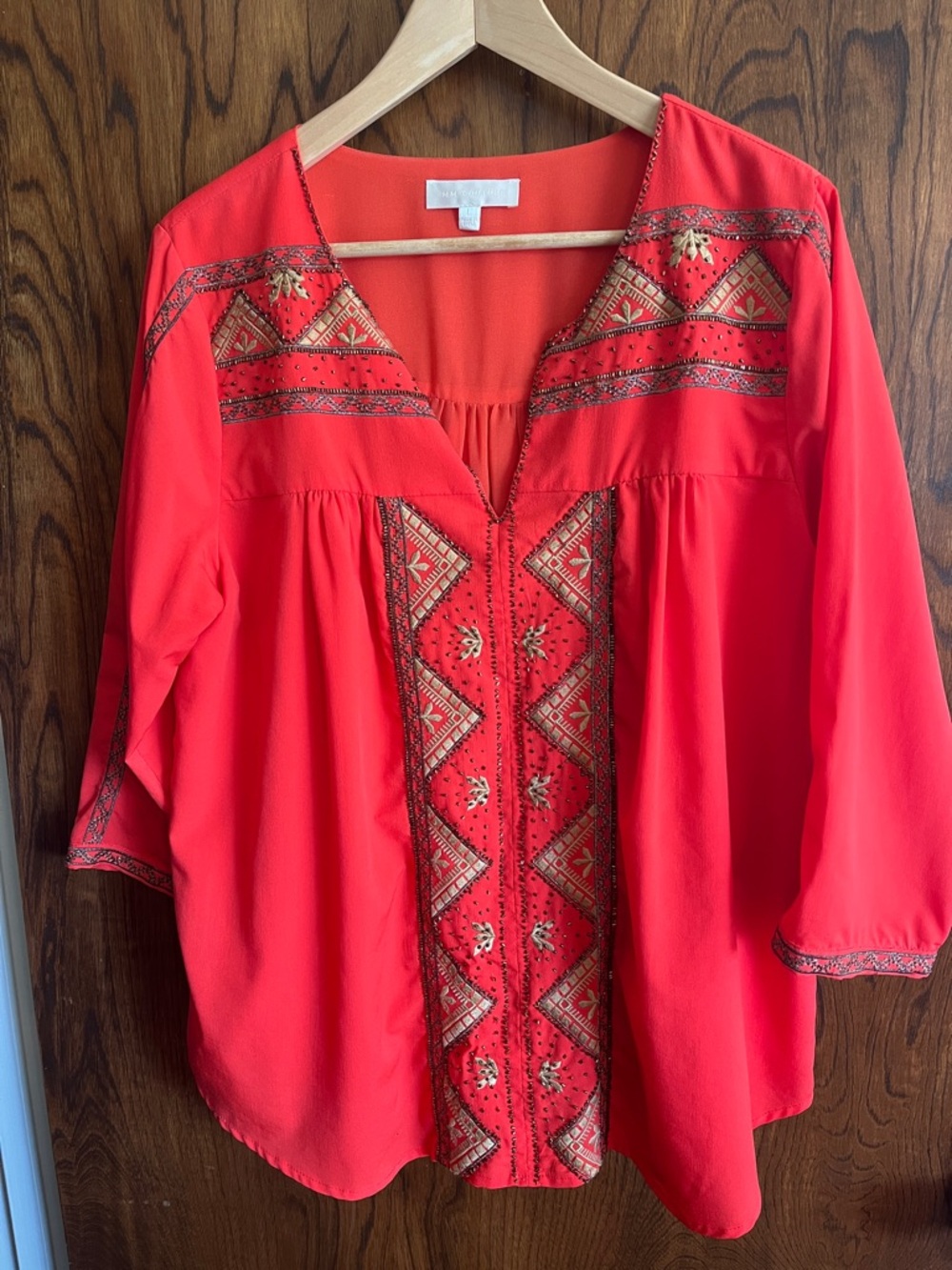 MM Couture Embroidered V-Neck Peasant Top - pumpkin orange